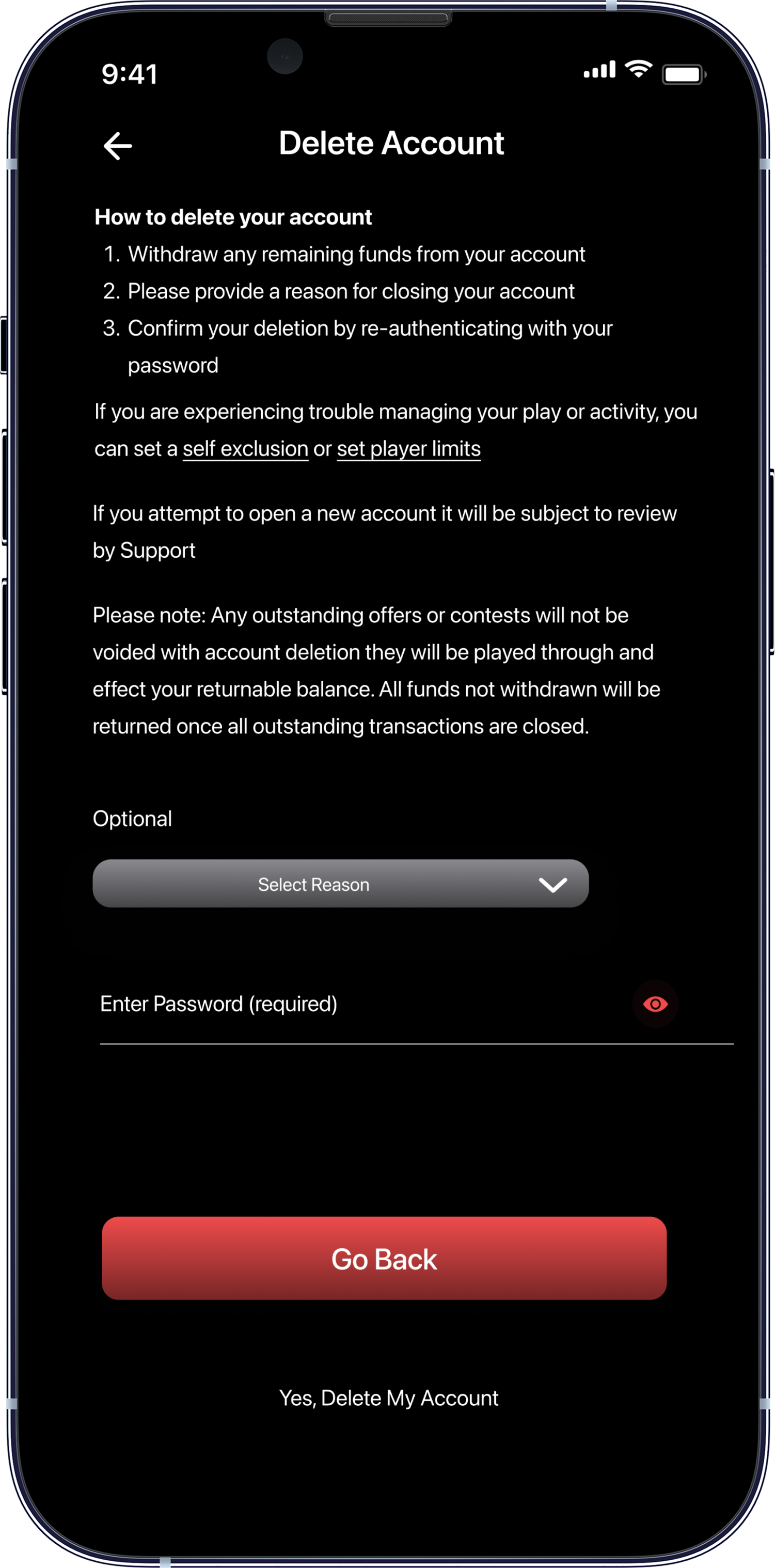 Delete Account screen in the Rabbet app